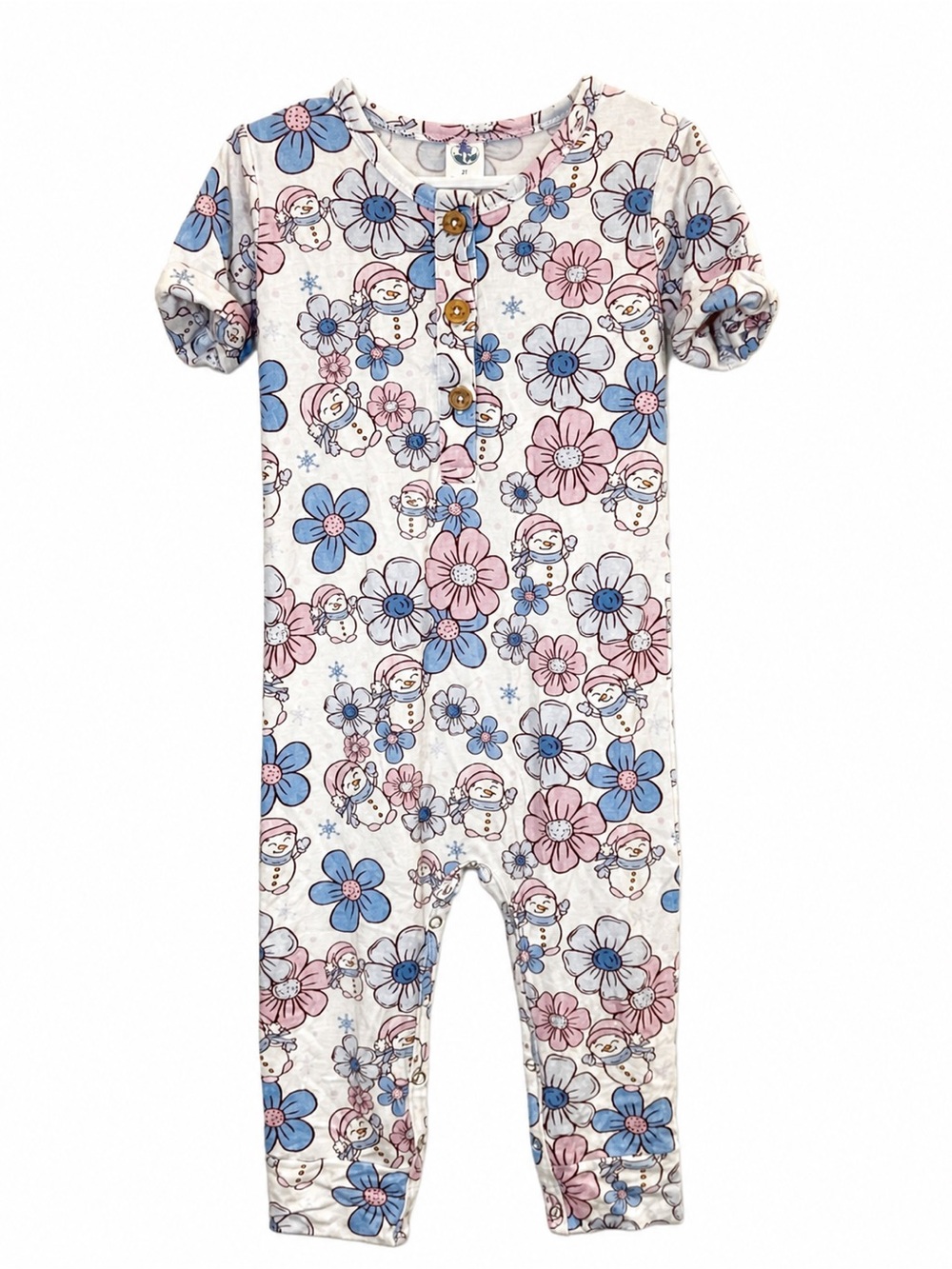 Bamboo Pajamas 2T Floral Snowman Print Button Front Romper Soft Cozy